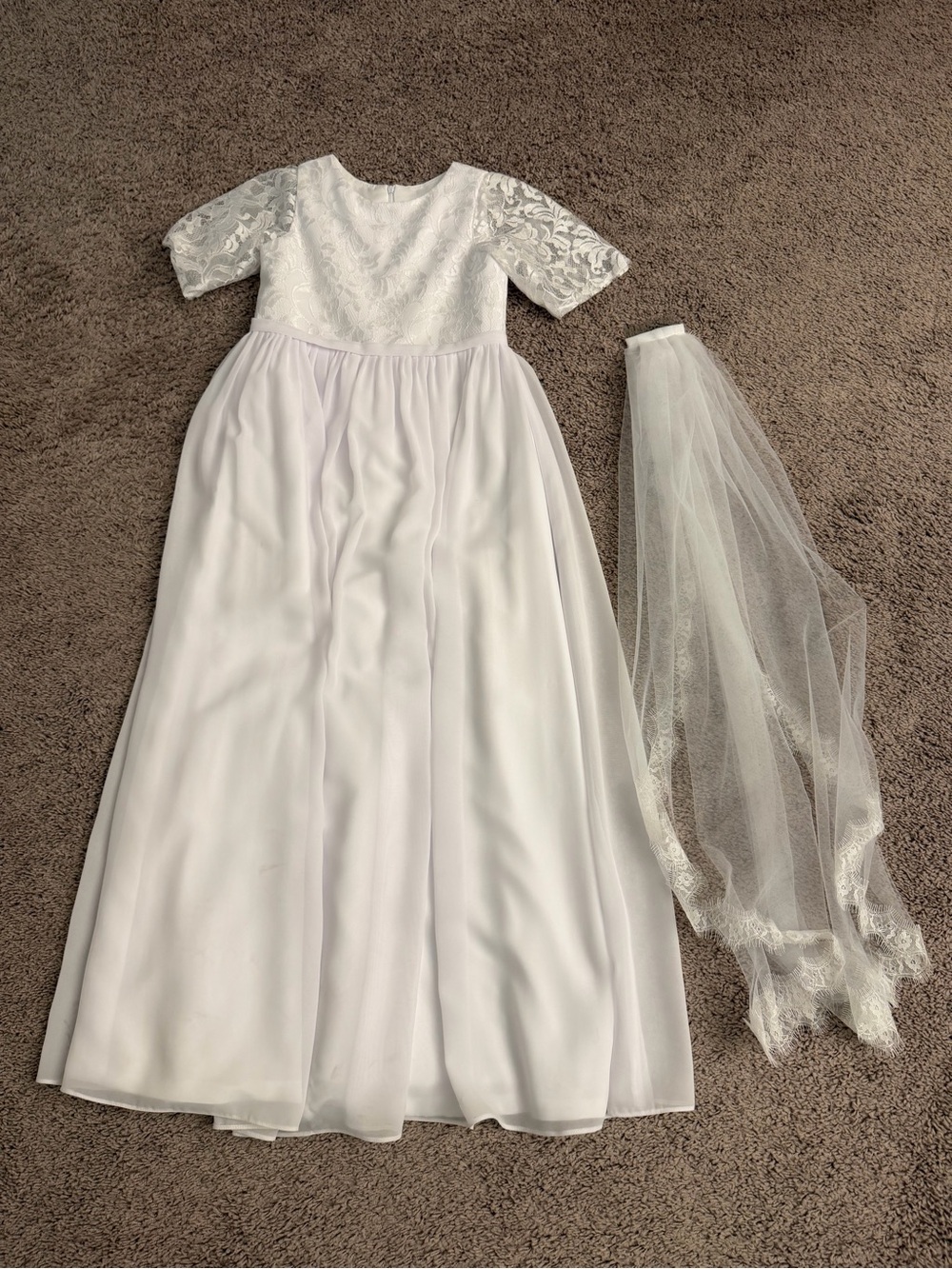 White Lace Bodice & Chiffon Skirt Girls' Dress with Veil